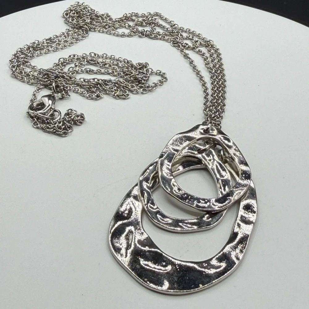 Silver Tone Hammered Triple Oval Pendant Necklace Multi Strand Boho Statement
